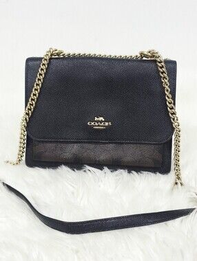 Coach Klare Crossbody Black Leather Signature Canvas Chain Bag